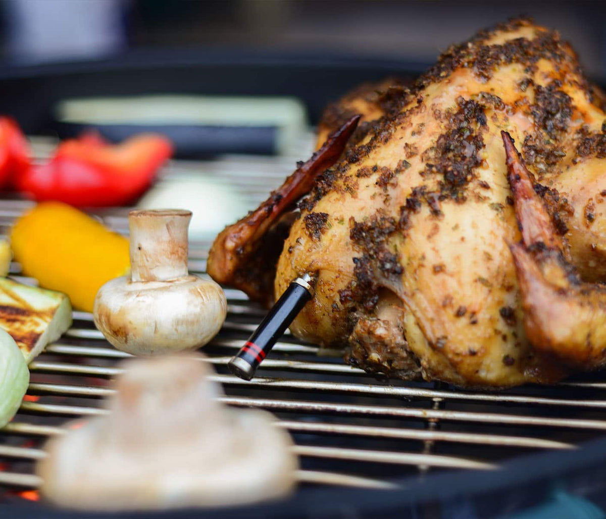 MeatStick inside whole chicken on a grill with assorted veggies and mushrooms