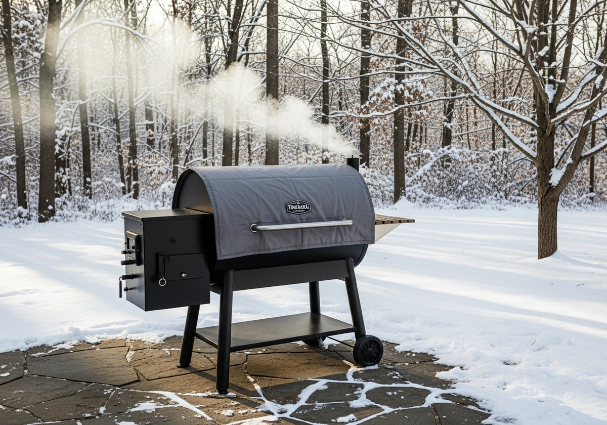 Barrel smoker covered with an insulated blanket smoking on a patio in a snowy backyard, showing cold weather grilling.