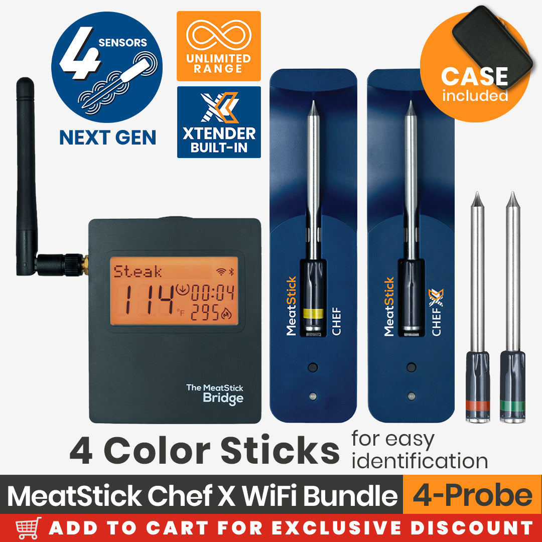 The MeatStick Chef: The Smallest Wireless Meat Thermometer with Quad Sensors for small meat cuts and everyday cooking with unlimited range and 4 color Sticks