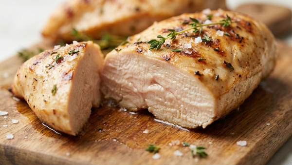 Sliced juicy chicken breast cooked to a safe internal temperature on a wooden cutting board