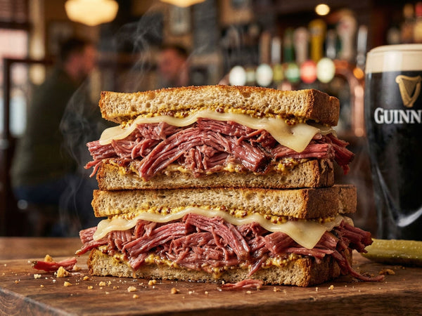 Pulled corned beef sandwich with melted cheese on rye bread, showing tender texture and generous filling.