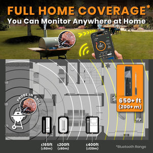 MeatStick 4X: Monitor your cooking from anywhere at home with strong Bluetooth and reliable connectivity, featuring an impressive 650+ ft / 200+ m wireless range for superior performance.