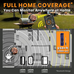 MeatStick Chef X: Monitor your cooking from anywhere at home with strong Bluetooth and reliable connectivity, featuring an impressive 650+ ft / 200+ m wireless range for superior performance.