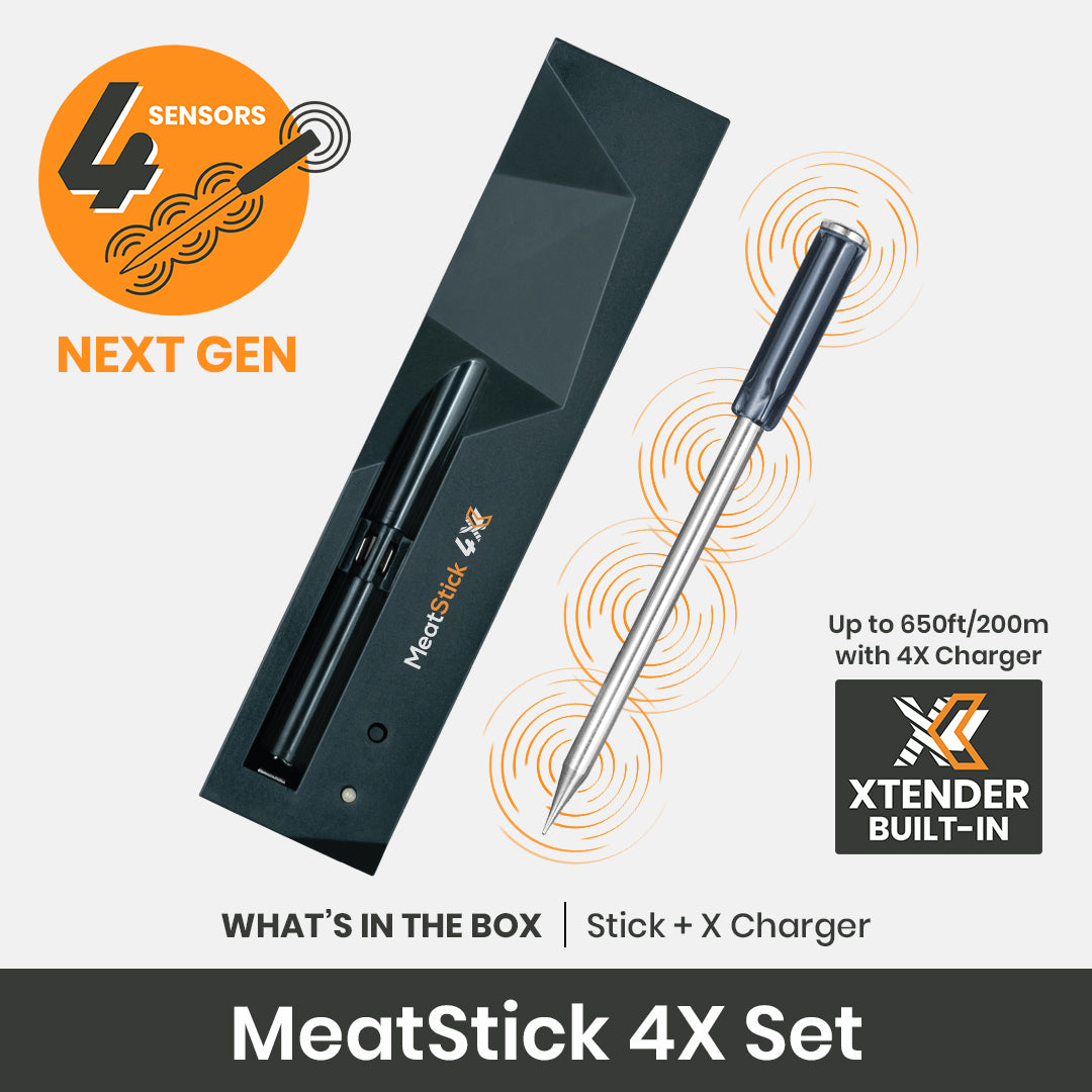The MeatStick 4X: Next-Gen Quad Sensors Wireless Meat Thermometer for grilling and smoking American BBQ with max 650 feet range