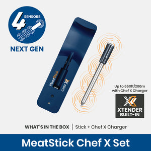 The MeatStick Chef X Set: The Smallest Wireles Meat Thermometer with Quad Sensors for smaller meat cuts and everyday cooking with max 650 feet range