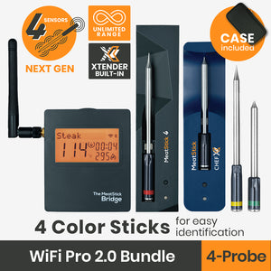 The MeatStick WiFi Pro 2.0 Bundle Wireless Meat Thermometer with Quad Sensors for American BBQ and Everyday Cooking with unlimited wireless range
